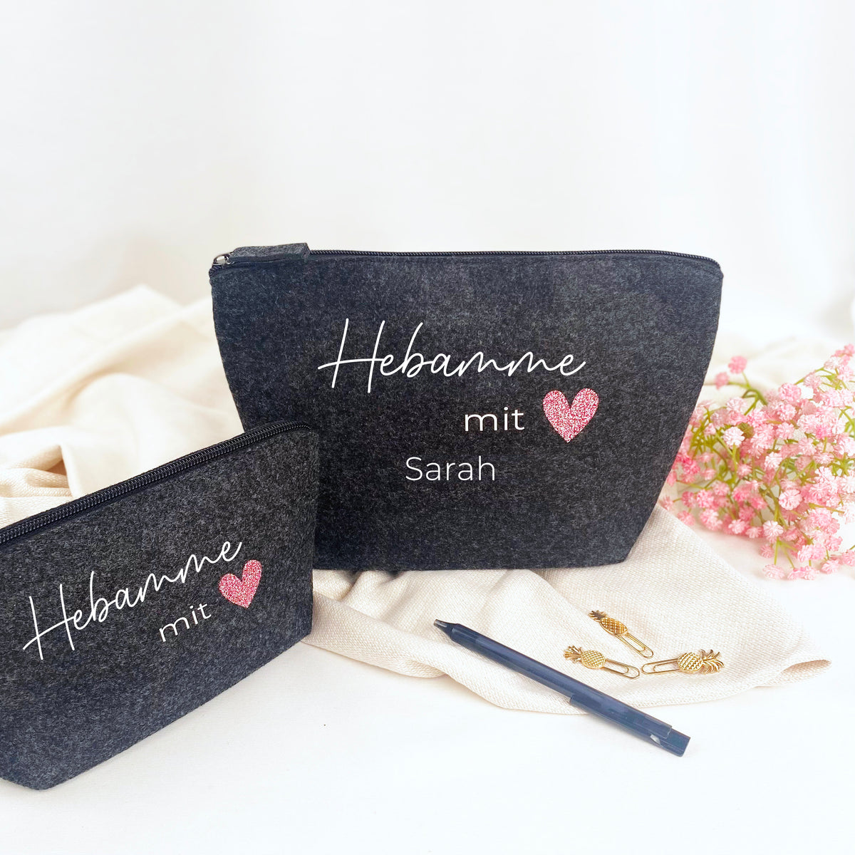Filzmäppchen Hebamme mit Herz Glitzer