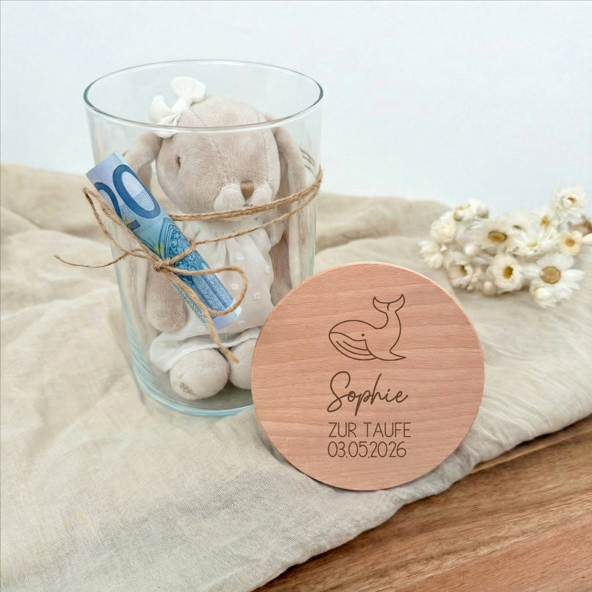 Geschenkglas Kommunion / Konfirmation / Firmung / Taufe Wal