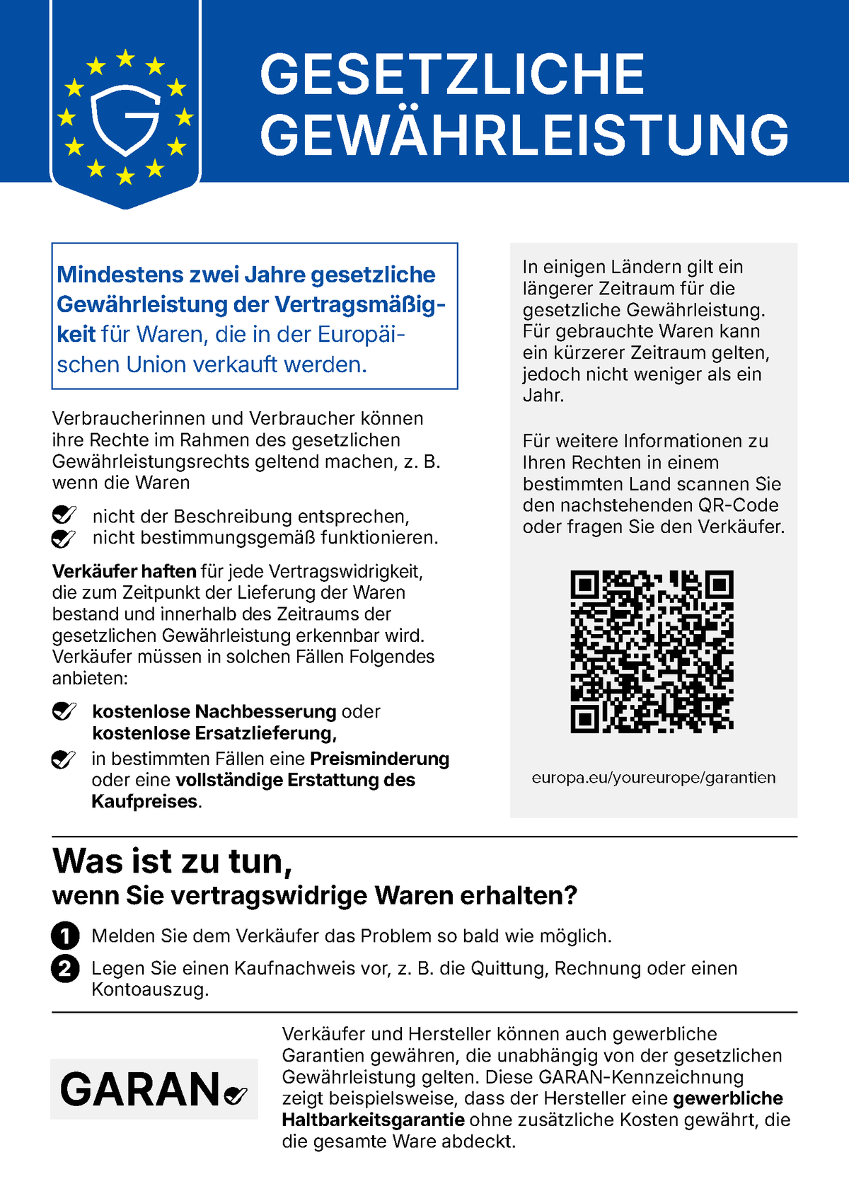 Hinweis zum gesetzlichen Gewährleistungsrecht nach EU-Recht
