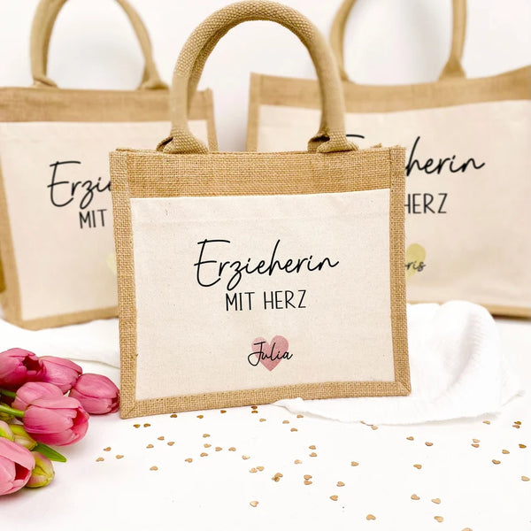 Tasche Erzieherin mit Herz Jute/Baumwolle