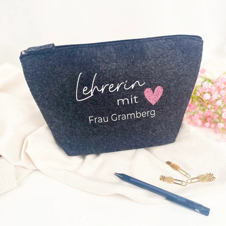 Filzmäppchen Lehrerin mit Herz Glitzer