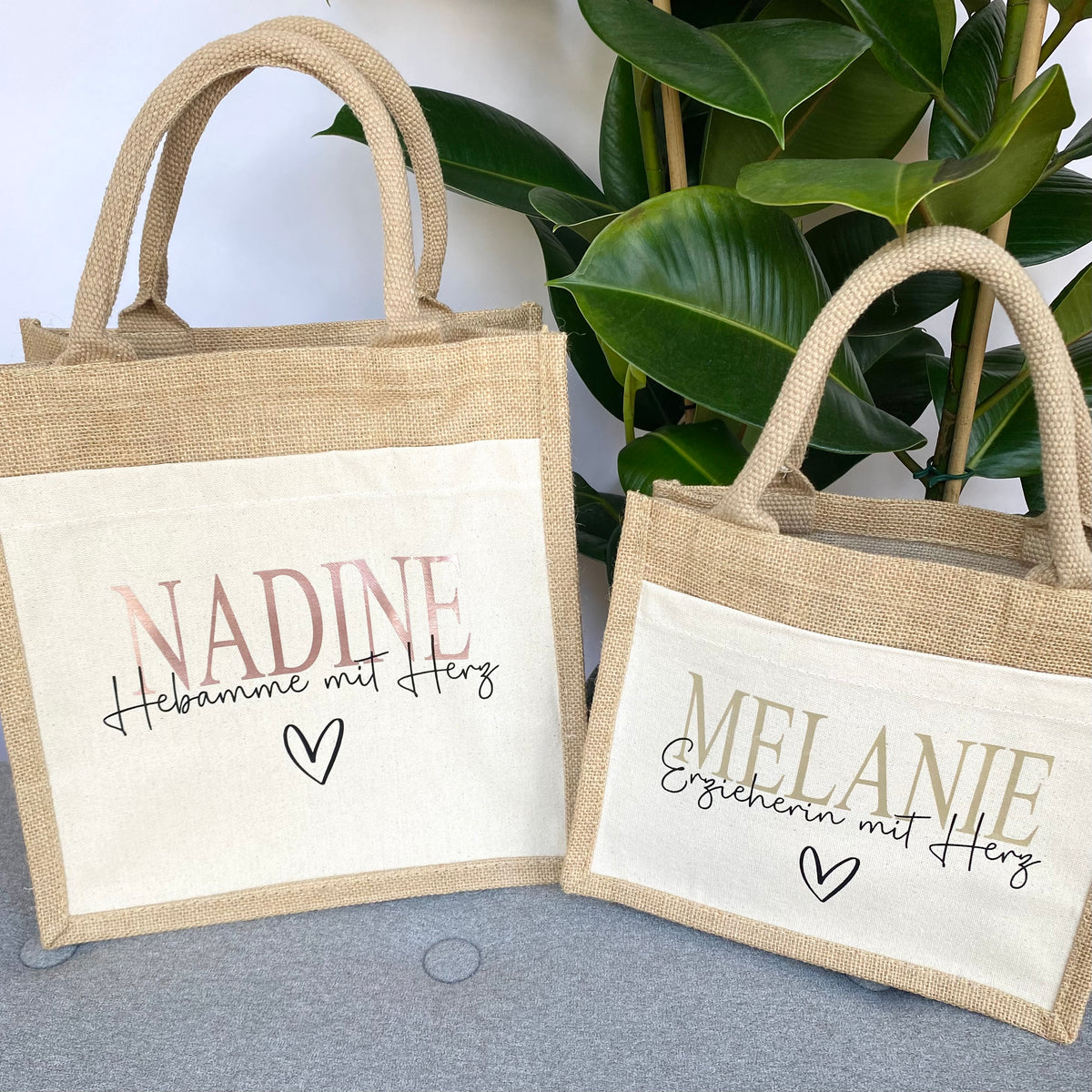 Tasche Erzieherin, Hebamme, Lehrerin mit Herz Jute/Baumwolle
